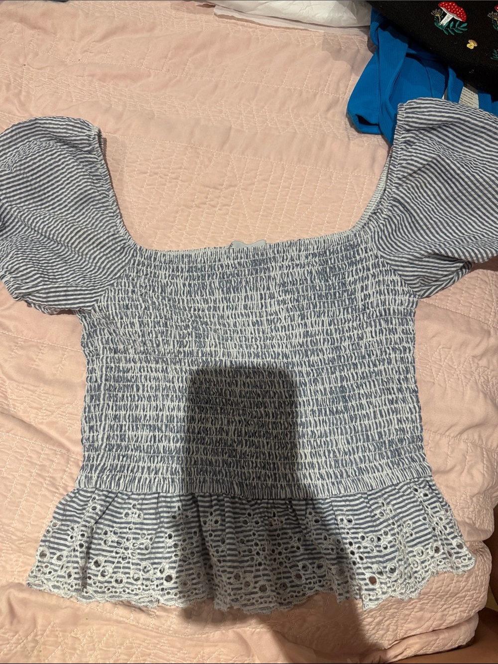 iris Blue and White Striped Smocked Peplum Top